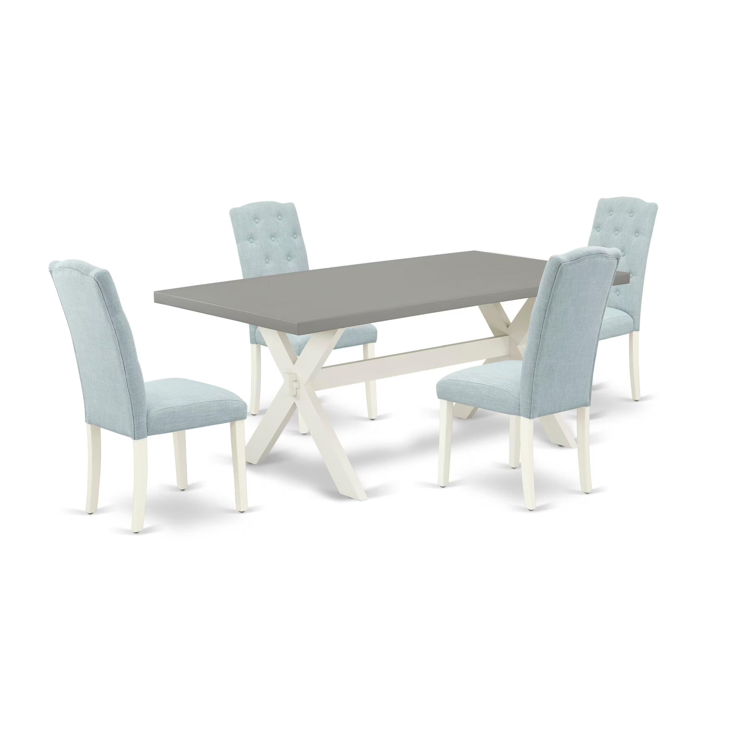 East West Furniture X097Ce215-5 5 Piece Dining Room Table Set Includes A Rectangle Dining Table With X-Legs And 4 Baby Blue Linen Fabric Upholstered Parson Chairs, 40X72 Inch, Multi-Color